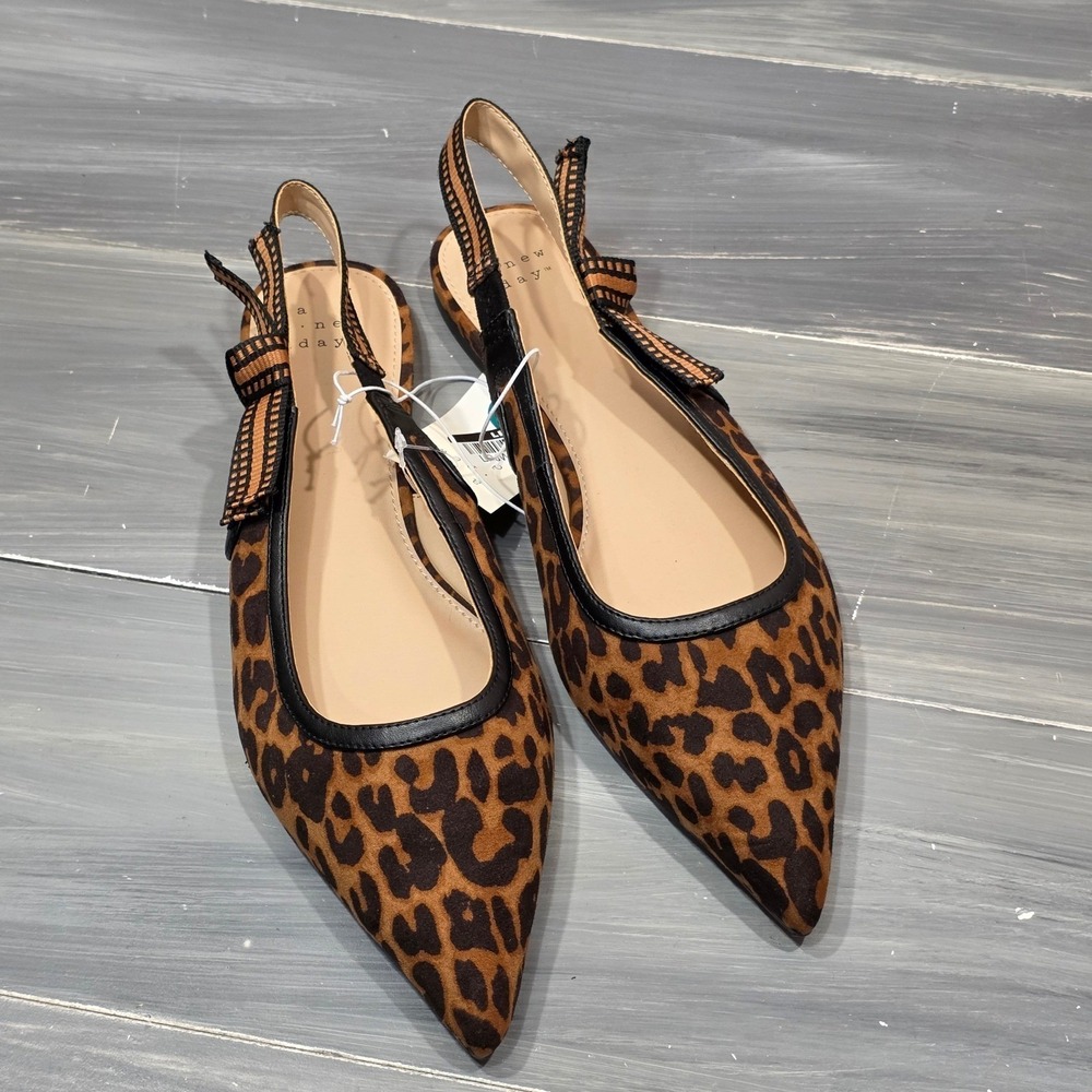 A New Day London Slingback Flats Leopard Print Pointed Toe Brown Black - Picture 3 of 11
